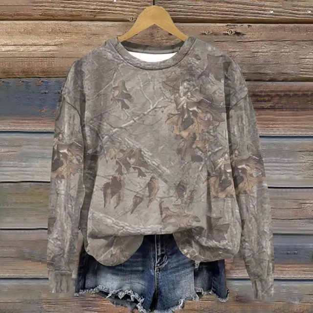 Camouflage Sweatshirt Maple Leaf Printed Crew Neck Sweatshirt Rnst5010204 - Shop at LoveMi