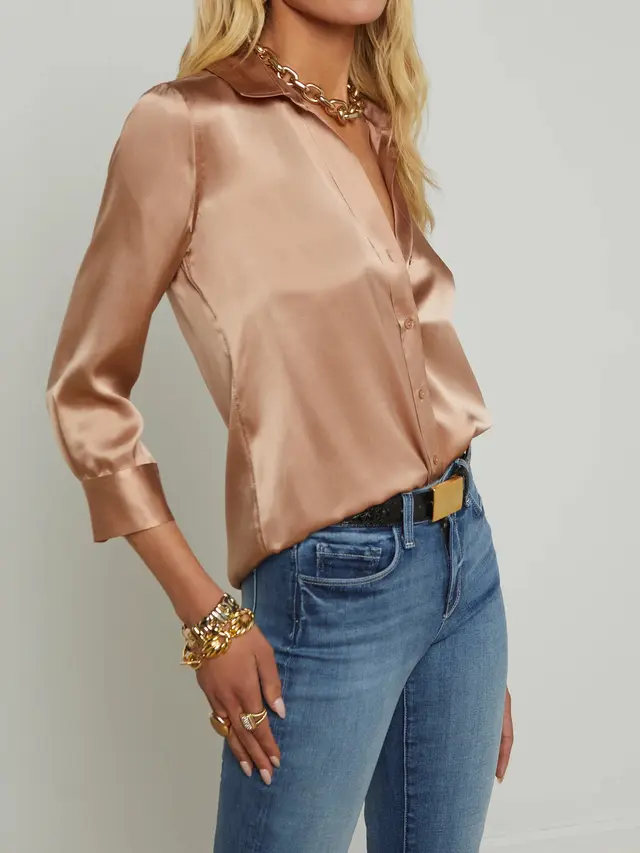 Satin Rayon Shirt Women's Solid Color Top Elegant Lapel Camel - Shop at LoveMi