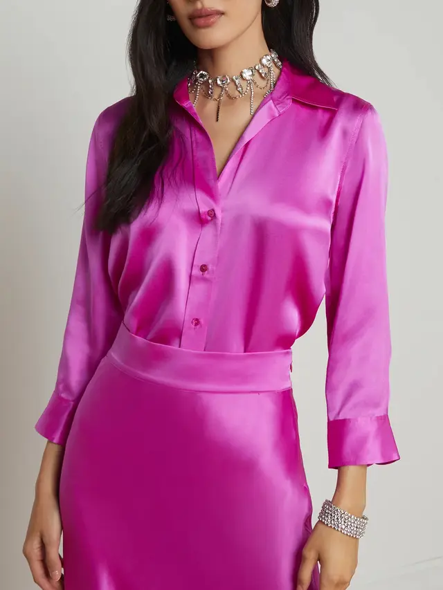 Satin Rayon Shirt Women's Solid Color Top Elegant Lapel Rose Red - Shop at LoveMi