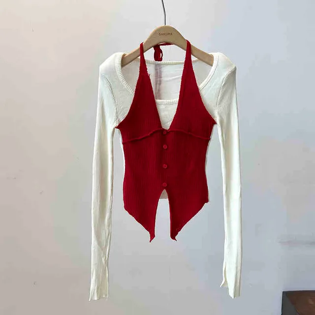 Halter False Two piece Patchwork Long Sleeve Knitwear T shirt Top Red - Shop at LoveMi