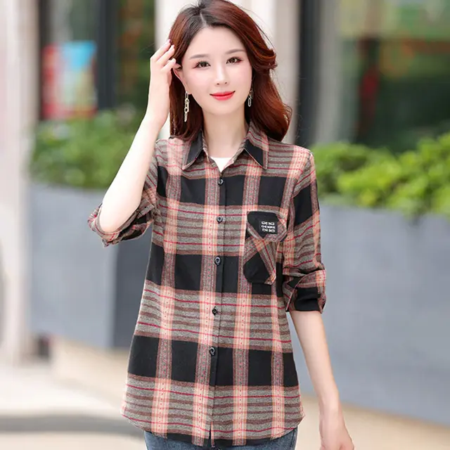 Autumn Plaid Shirt Women's Cotton Long sleeved Brushed Vintage Coat Blk1681 - Shop at LoveMi