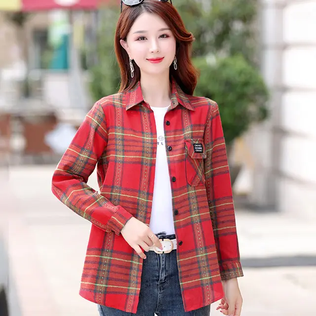 Autumn Plaid Shirt Women's Cotton Long sleeved Brushed Vintage Coat Blk1683 - Shop at LoveMi