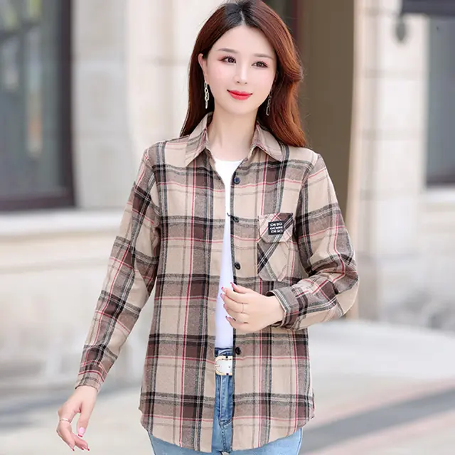 Autumn Plaid Shirt Women's Cotton Long sleeved Brushed Vintage Coat Blk1689 - Shop at LoveMi