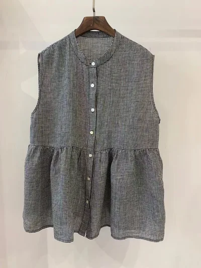 Retro Artistic Janpanese Linen Women's Bandage Dress Stitching Sleeveless Doll Shirt Vest Black Plaid - Shop at LoveMi