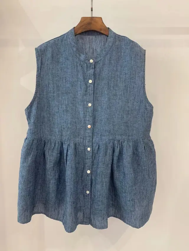 Retro Artistic Janpanese Linen Women's Bandage Dress Stitching Sleeveless Doll Shirt Vest Blue Black - Shop at LoveMi
