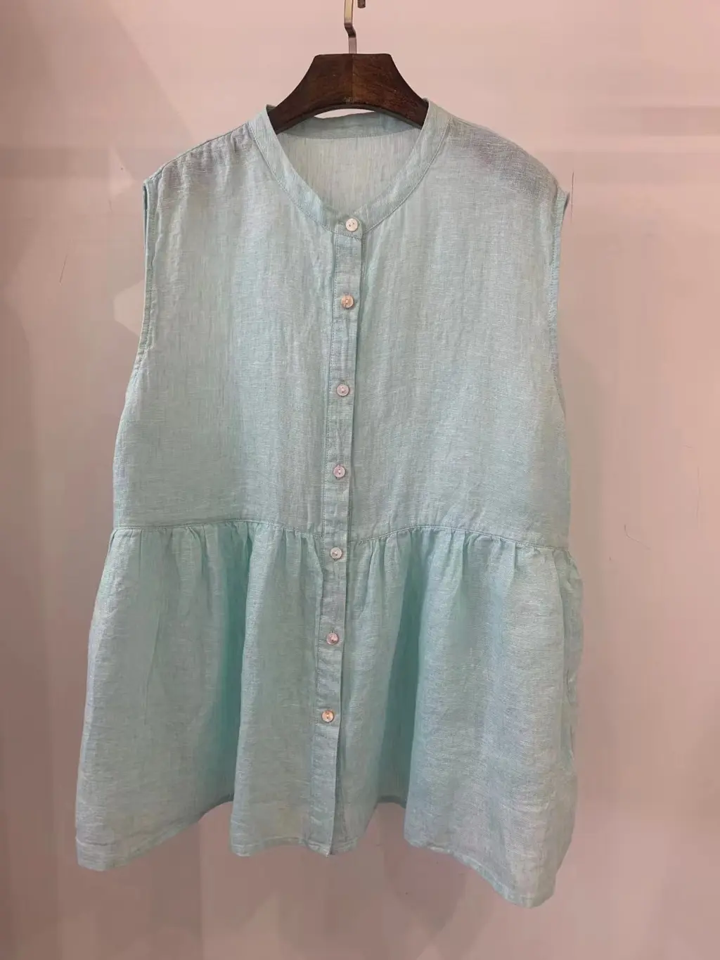 Retro Artistic Janpanese Linen Women's Bandage Dress Stitching Sleeveless Doll Shirt Vest - Light Blue