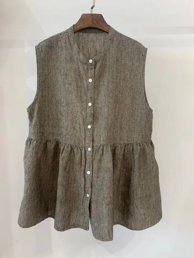 Retro Artistic Janpanese Linen Women's Bandage Dress Stitching Sleeveless Doll Shirt Vest Yellow Coffee - Shop at LoveMi