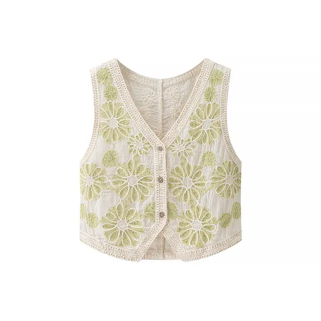 Retro Younger Fashion Loose Crocheted Vest Women's Summer V neck Green - Shop at LoveMi