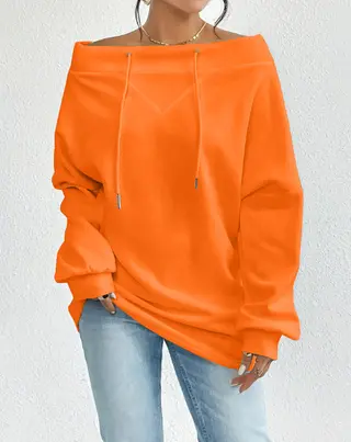 Women's Loose Casual Drawstring Off-the-shoulder Off-shoulder Top - Orange Red