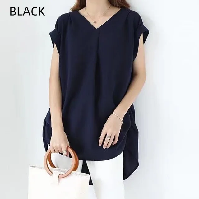 Women's Loose V neck Short Sleeve Pleated Irregular Stitching Shirt Black - Shop at LoveMi