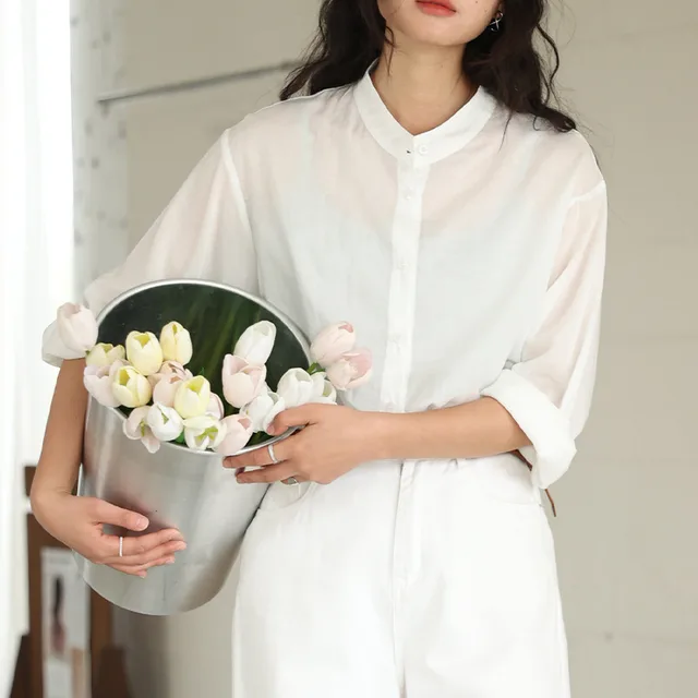 Tencel Linen Stand Collar Shirt Light Thin And Loose Button Top Pear White - Shop at LoveMi