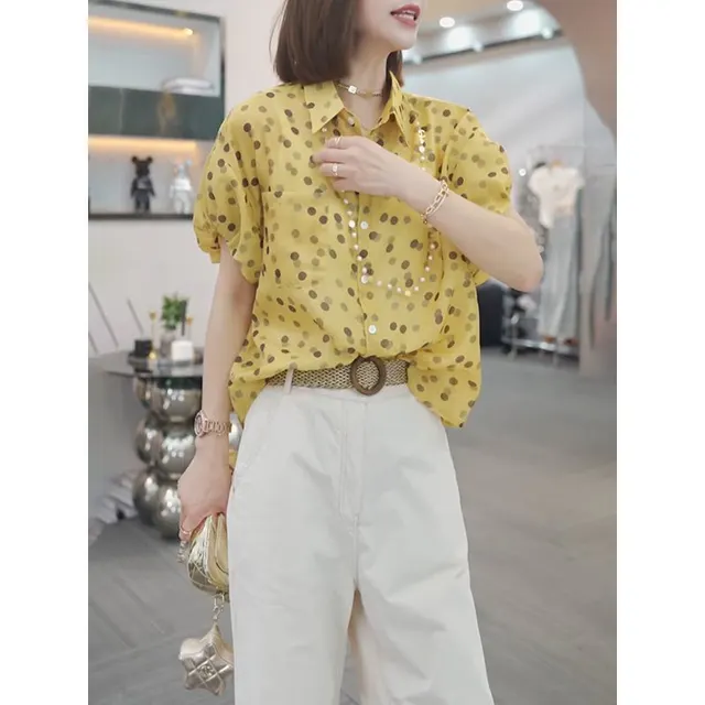 Chiffon Shirt Women's Short Sleeve Summer Stylish Loose Plus Size Yellow Without Accessories - Shop at LoveMi