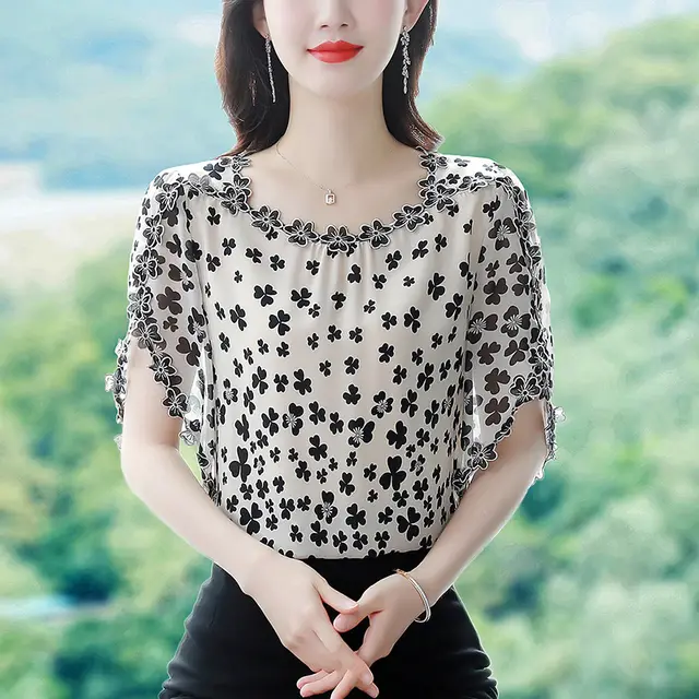 Embroidery Floral Shirt Fashion Chiffon Short Sleeve Apricot - Shop at LoveMi