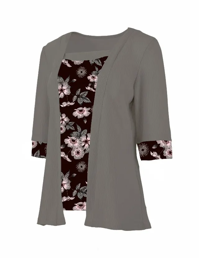 Women's Fake Two piece Five quarter Sleeve Printed Top T shirt Gray - Shop at LoveMi