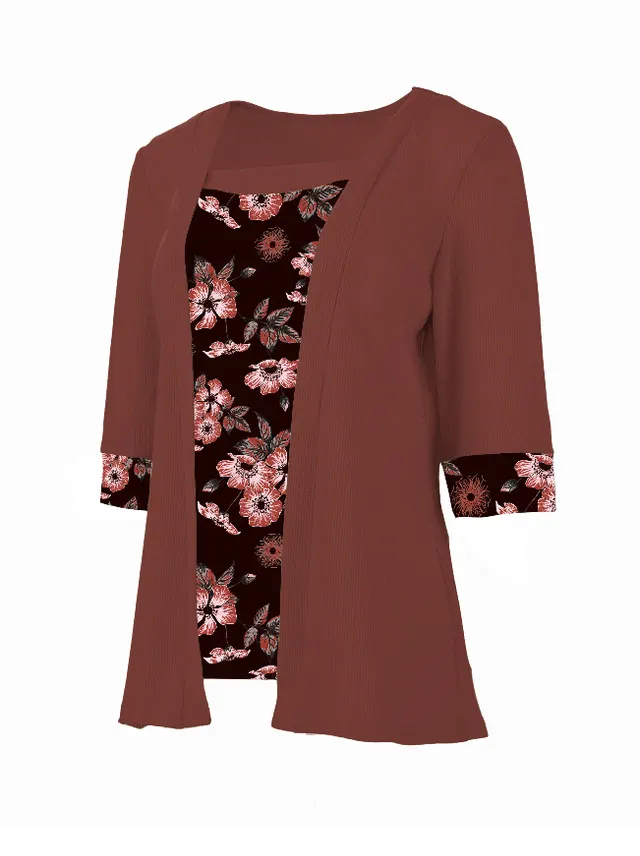 Women's Fake Two piece Five quarter Sleeve Printed Top T shirt Wine Red - Shop at LoveMi