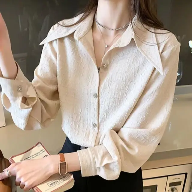 Pointed Collar Shirt Chiffon Design Loose Bandage Dress White Base Shirt Apricot - Shop at LoveMi