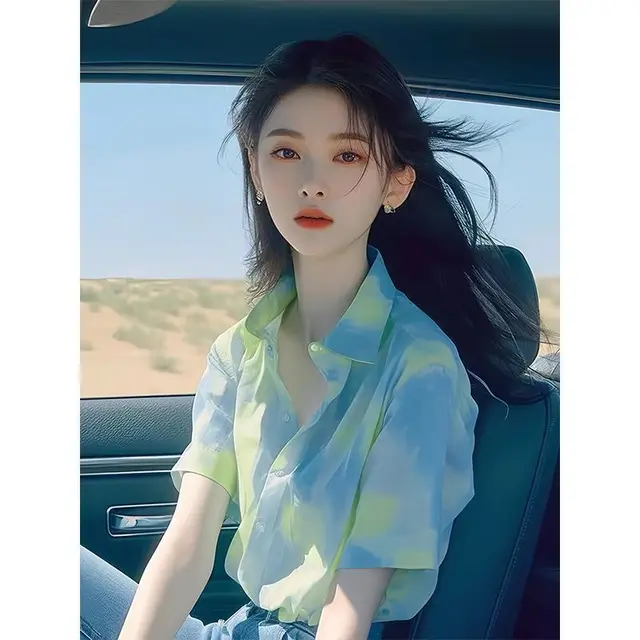 Green Tie dyed Short sleeved Shirt Summer Loose High end Green - Shop at LoveMi