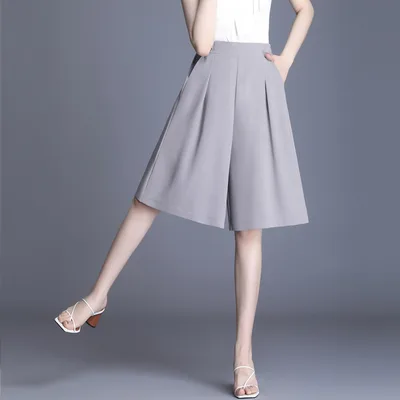 Women's Chiffon High Waist Wide Leg Pants Thin Loose Slimming Grey 5Point Shorts - Shop at LoveMi