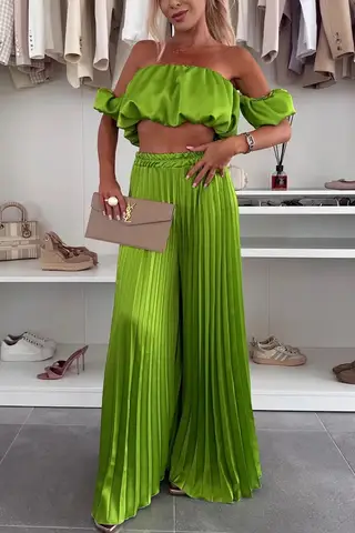 Women's Fashion Satin Tube Top Wide Leg Pants Suit - Fluorescent Green - View 1
