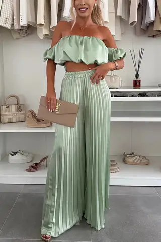 Women's Fashion Satin Tube Top Wide Leg Pants Suit - Light Green