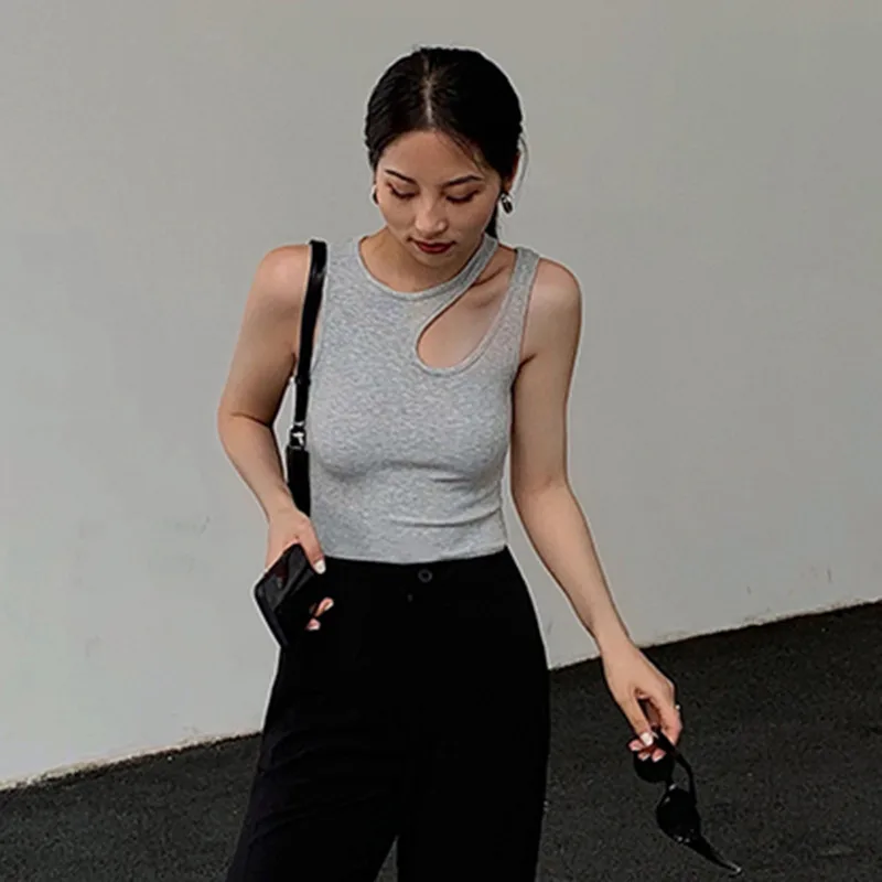 Summer Round Neck Side Irregular Hollow out Women's Solid Color Top Gray - Shop at LoveMi