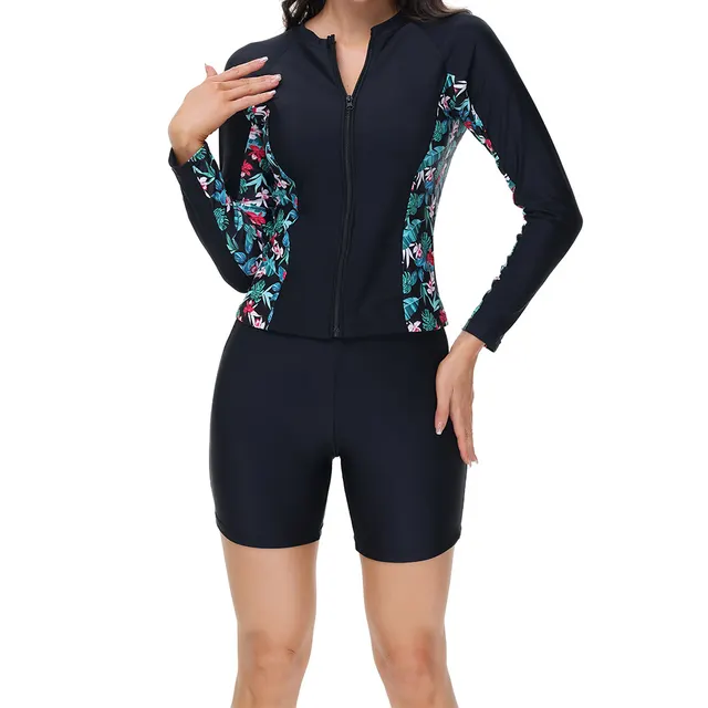 Sports Beach Snorkeling Surfing Wetsuit Ladies Two piece Set Printed Black 2 - Shop at LoveMi