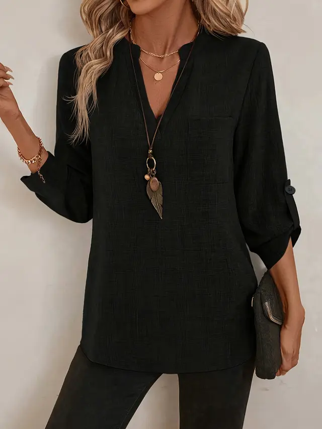 European And American Solid Color Ladies V neck Shirt Black - Shop at LoveMi