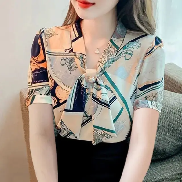 Three quarter Sleeve Printed Chiffon Shirt Design Sense Brown Short Sleeve - Shop at LoveMi