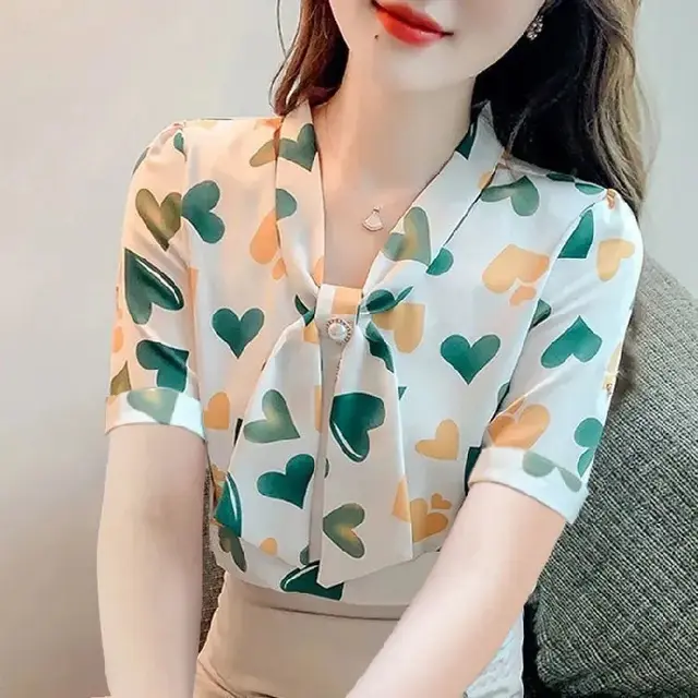Three quarter Sleeve Printed Chiffon Shirt Design Sense Light Green Short Sleeve - Shop at LoveMi