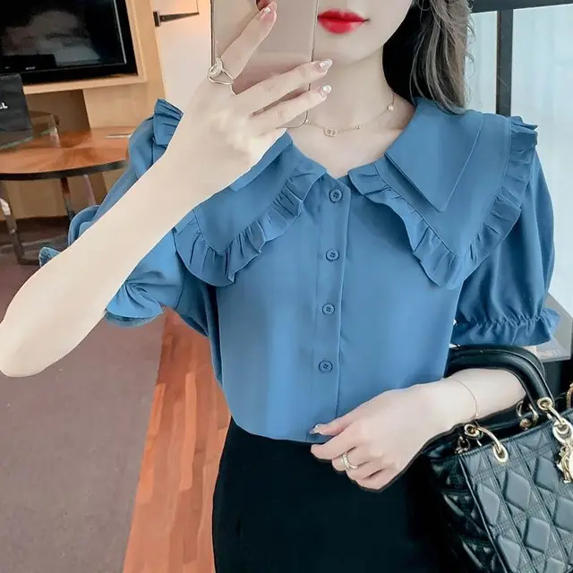 Double Doll Collar Short Sleeve Chiffon Shirt Blue - Shop at LoveMi