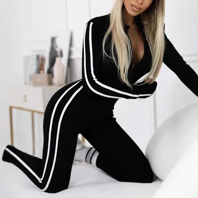 New Autumn And Winter Women's Slim Striped Half Zipper Jumpsuit Black - Shop at LoveMi