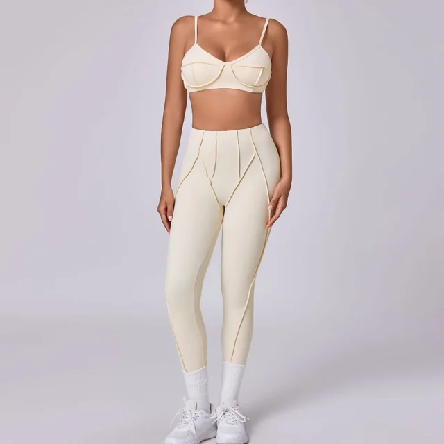 European And American Brushed Body hugging Suit Sports And Leisure Yoga Clothes Beige - Shop at LoveMi