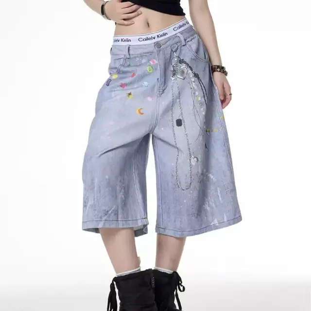 Retro Color Chain Printed Denim Shorts For Women Blue - Shop at LoveMi