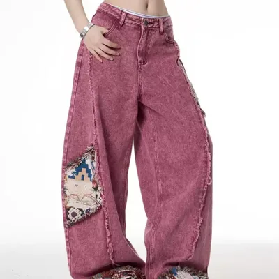 Retro Distressed Stitching Embroidered Jeans Women's Summer Loose Straight Pink - Shop at LoveMi