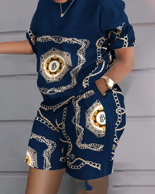 Casual Printing Color Contrast Short Sleeve Two piece Set Bny202W - Shop at LoveMi