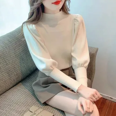 Knitwear Bottoming Slim Puff Sleeve Pullover Wool Tops Apricot - Shop at LoveMi