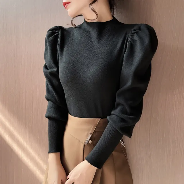 Knitwear Bottoming Slim Puff Sleeve Pullover Wool Tops Black - Shop at LoveMi