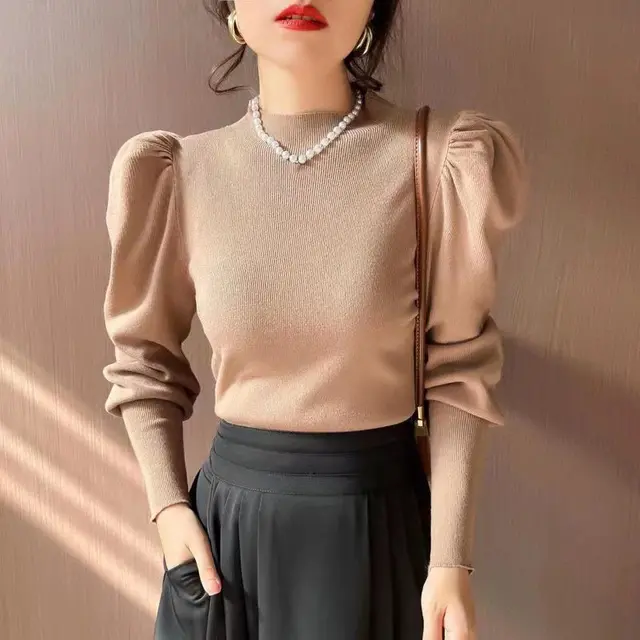 Knitwear Bottoming Slim Puff Sleeve Pullover Wool Tops Khaki - Shop at LoveMi