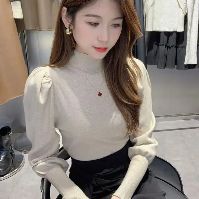 Knitwear Bottoming Slim Puff Sleeve Pullover Wool Tops Oats - Shop at LoveMi