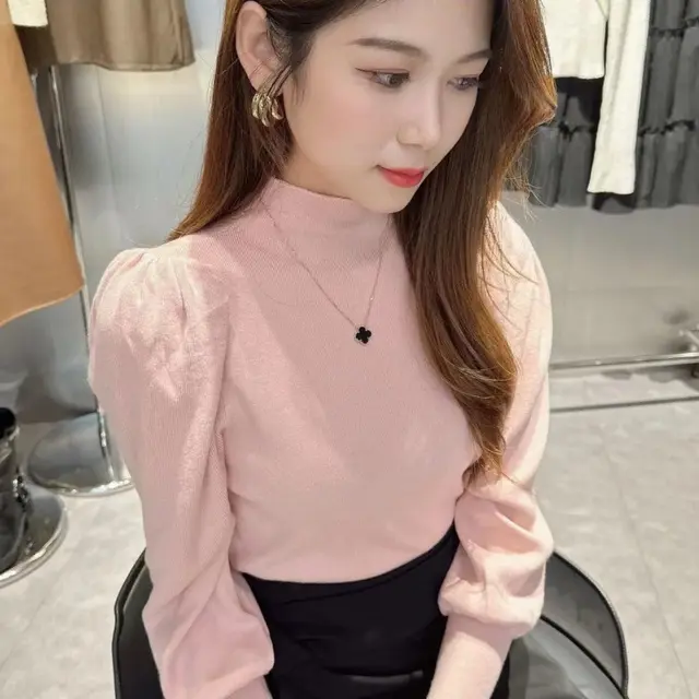 Knitwear Bottoming Slim Puff Sleeve Pullover Wool Tops Pink - Shop at LoveMi