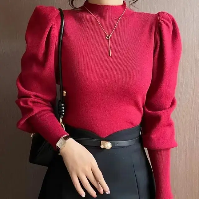 Knitwear Bottoming Slim Puff Sleeve Pullover Wool Tops Wine Red - Shop at LoveMi