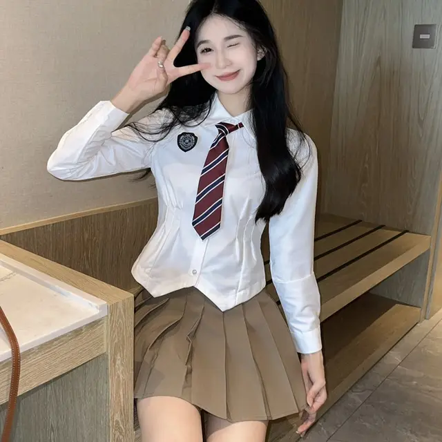 Jk Waist Trimming Shirt Women's Long sleeved Pleated Skirt Uniform Suit White Long Pajama Set - Shop at LoveMi