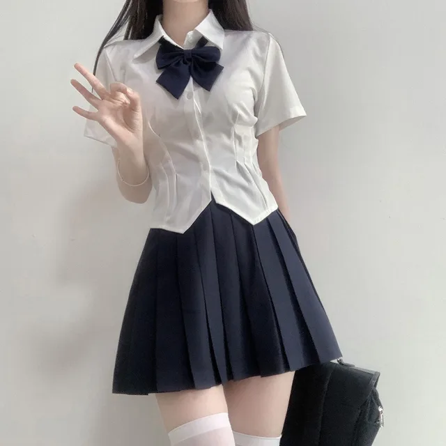 Jk Waist Trimming Shirt Women's Long sleeved Pleated Skirt Uniform Suit White Navy Blue Skirt Outfit - Shop at LoveMi