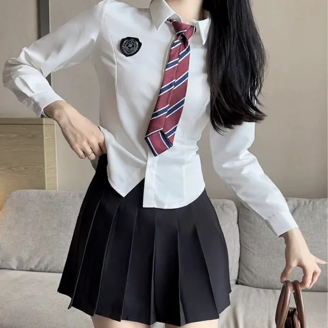 Jk Waist Trimming Shirt Women's Long sleeved Pleated Skirt Uniform Suit White Red Striped Suit - Shop at LoveMi