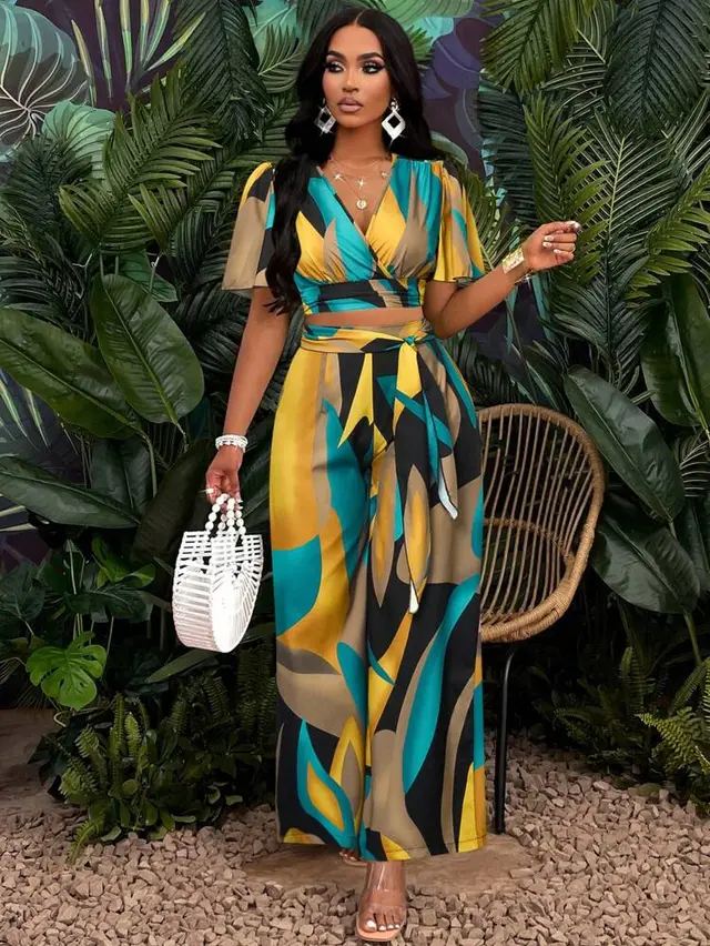 Women's Wear Tropical Printing Pleated Butterfly Sleeve Top Drawstring Wide Leg Trousers Suit Color - Shop at LoveMi
