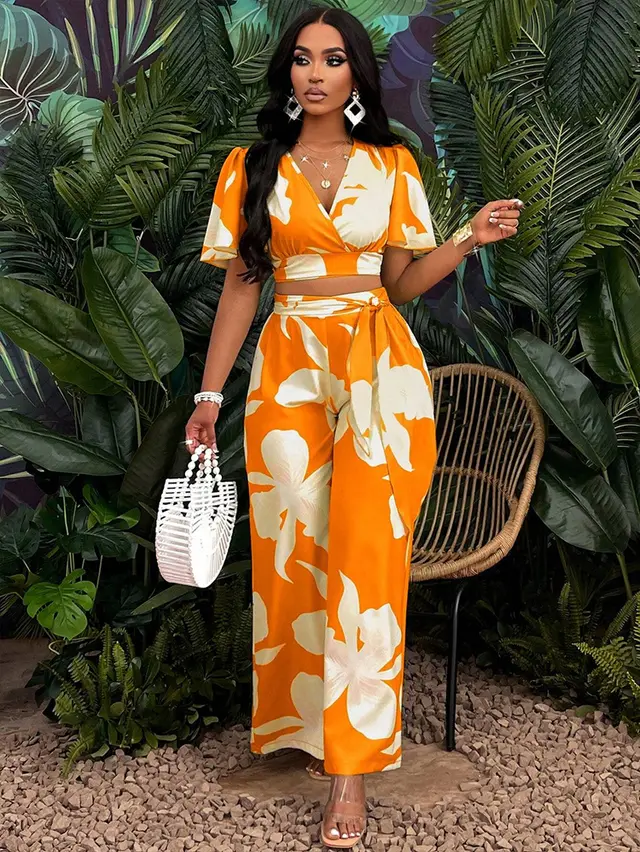 Women's Wear Tropical Printing Pleated Butterfly Sleeve Top Drawstring Wide Leg Trousers Suit - Orange