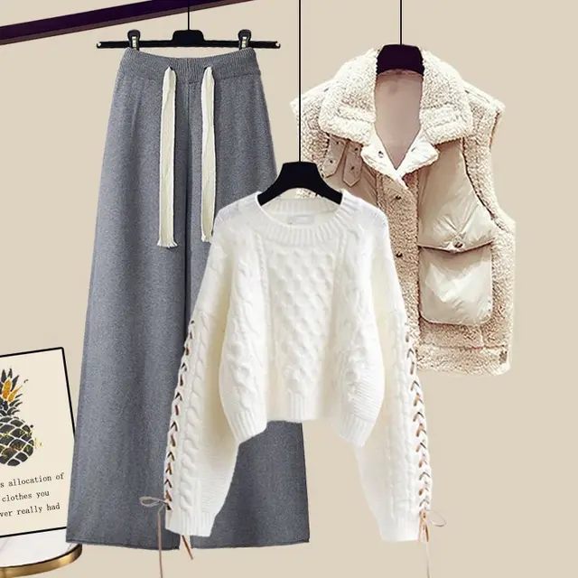 Women's Autumn And Winter Thickened Vest All matching Knitted Sweater Wide Leg Pants Three piece Suit Style11 - Shop at LoveMi