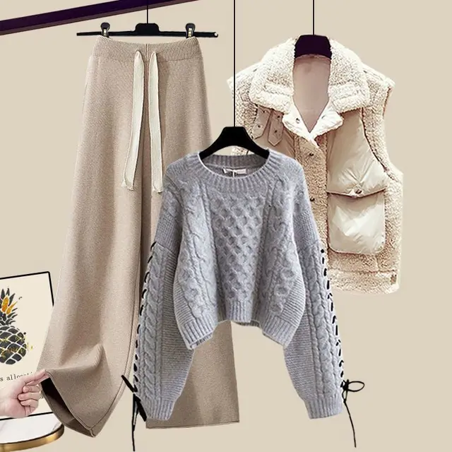 Women's Autumn And Winter Thickened Vest All matching Knitted Sweater Wide Leg Pants Three piece Suit Style5 - Shop at LoveMi