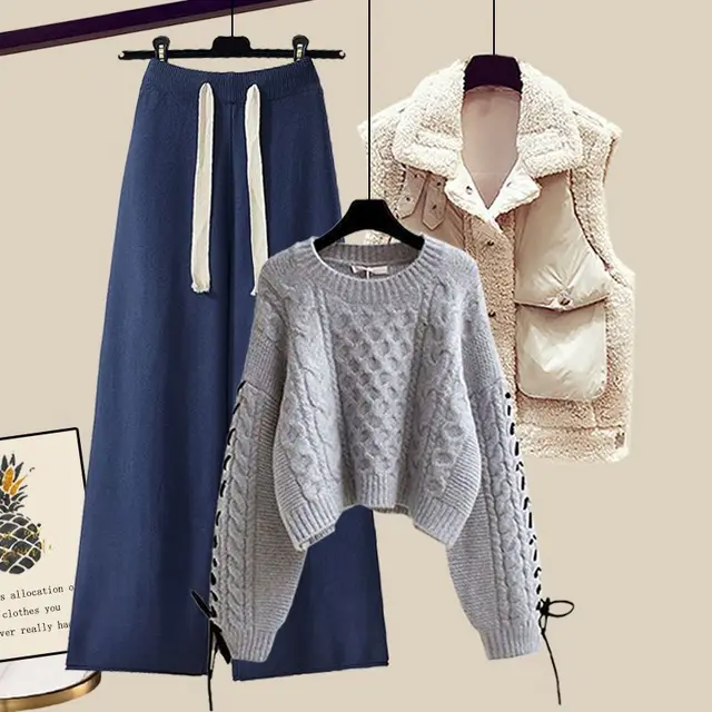 Women's Autumn And Winter Thickened Vest All matching Knitted Sweater Wide Leg Pants Three piece Suit Style8 - Shop at LoveMi