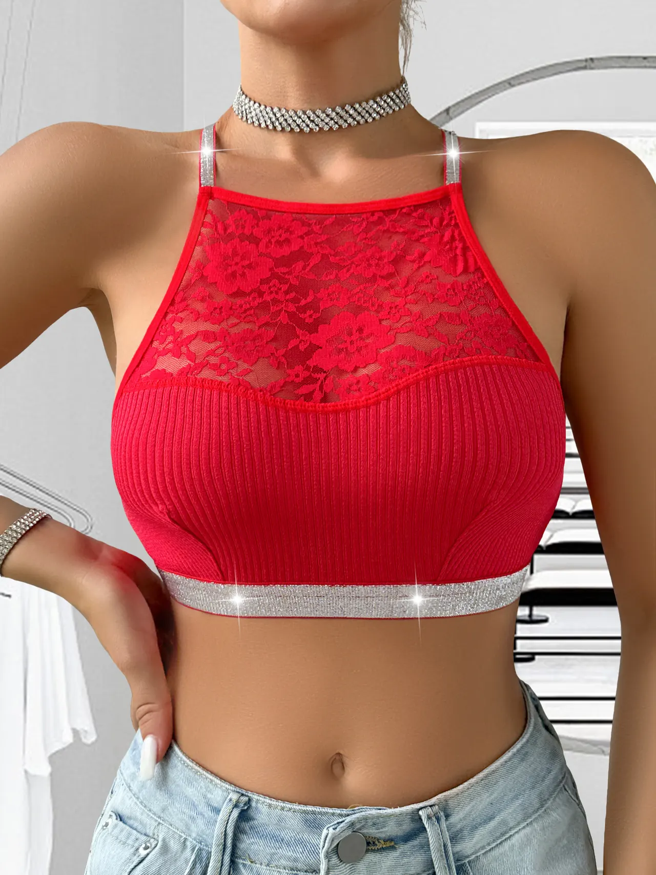 Stitching Halter Silver Ribbon Vest - Red